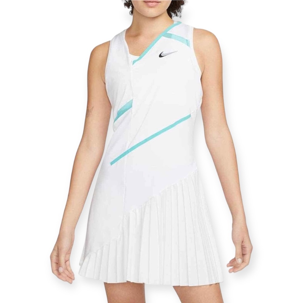 NWT Nike Court Dri-FIT Tennis Dress White Teal Gray Pleat Size Small